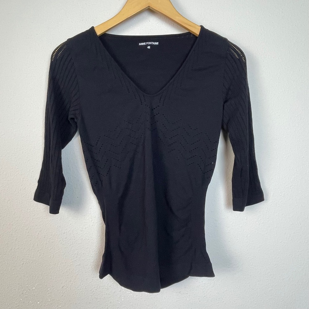 Anne Fontaine Top Women 42 Black Dark Fairy Witchy Pointelle 3/4 Sleeve Knit
